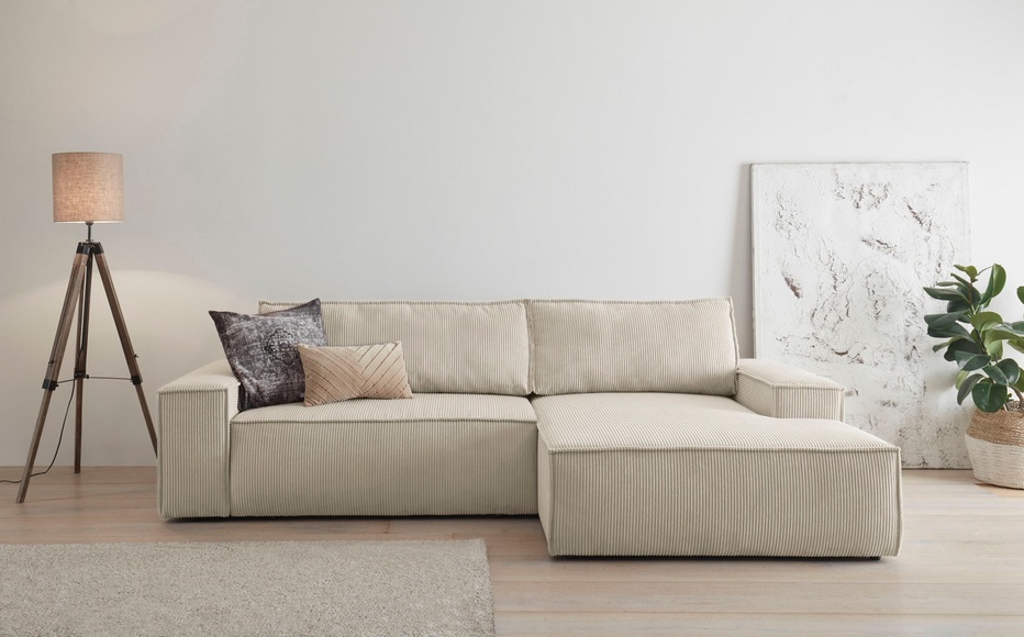 Premium collection by Home affaire Ecksofa »SHERWOOD«, mit Bett-Funktion (Liegefläche 210x136 cm), Bettkasten, mit 2 losen Rückenkissen, hochwertiger Cord-Bezug