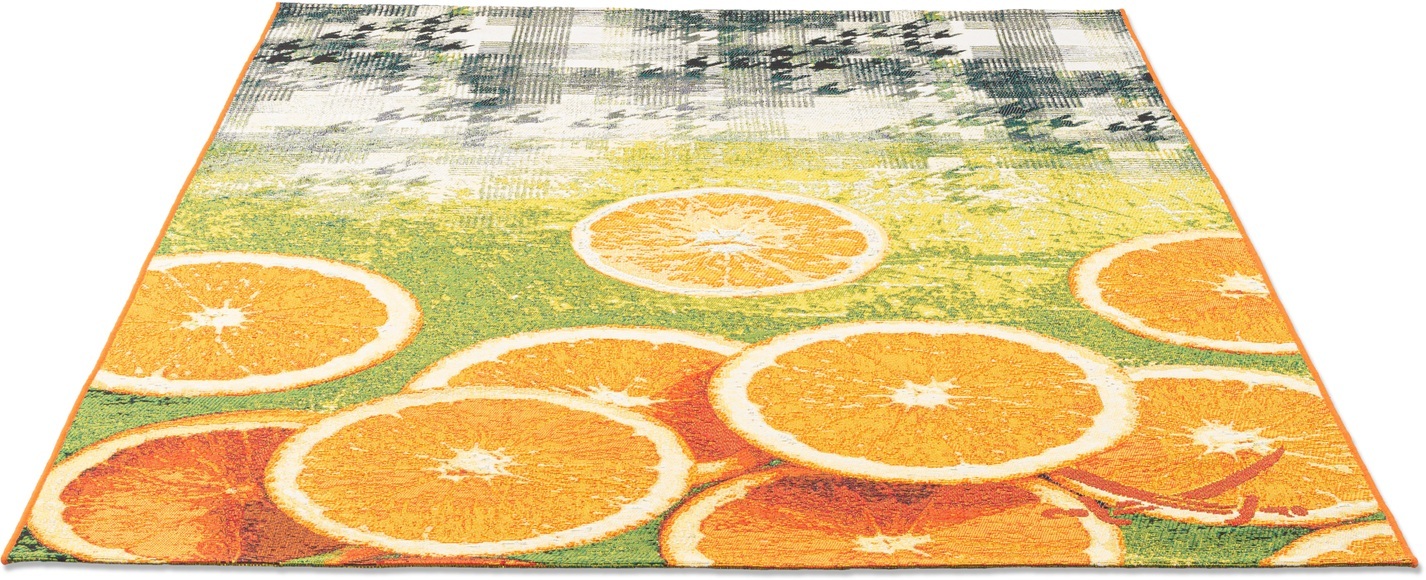 Sansibar Teppich »Rantum Beach 002«, rechteckig, 5 mm Höhe, Flachgewebe, modernes Sommer Design, Motiv Orangenscheiben, In- & Outdoor geeignet, Wohnzimmer
