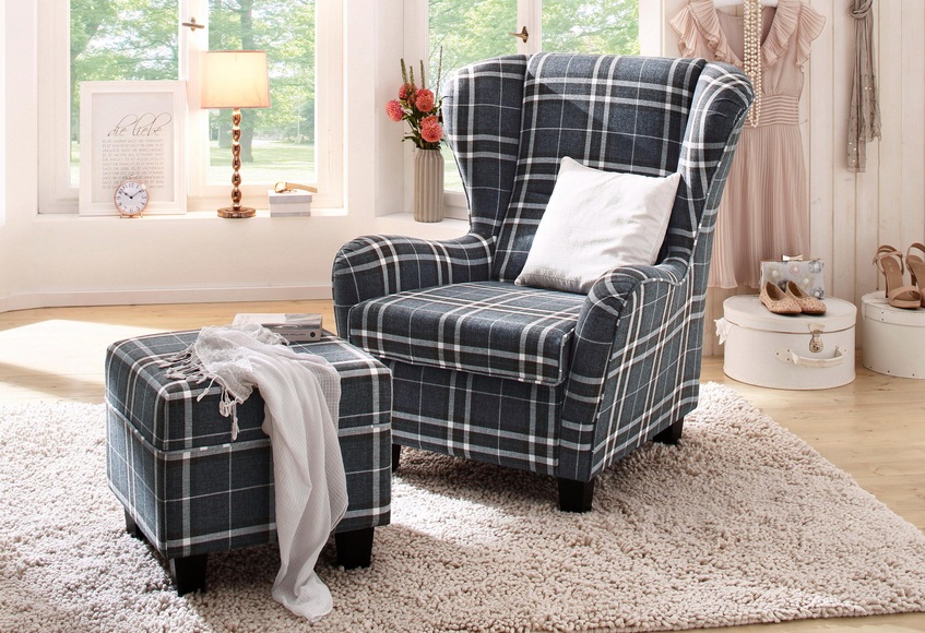 Home affaire Sessel »Oliver«, inklusive Hocker, Struktur fein, Karomuster