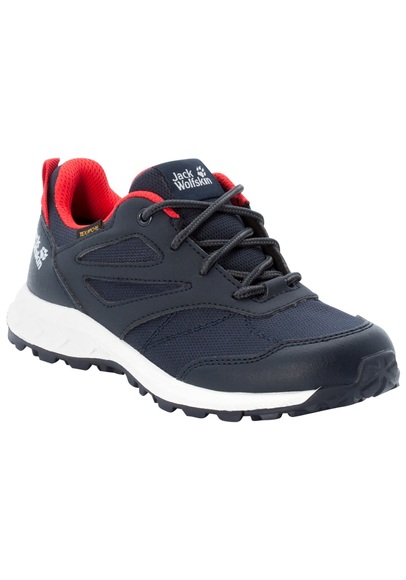 Jack Wolfskin Wasserdichter multifunktionaler Wanderschuh Kinder Woodland Texapore Low Kids 34 blau night blue / red