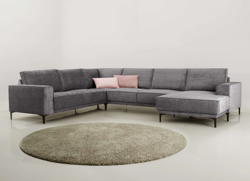Places of Style Wohnlandschaft »XXL Sofa Oland, Struktur, Flachgewebe, Luxus-Microfaser, Boucle«, U-Form, 342 cm, Wellenunterfederung, Skandi-Design, Metallfüsse