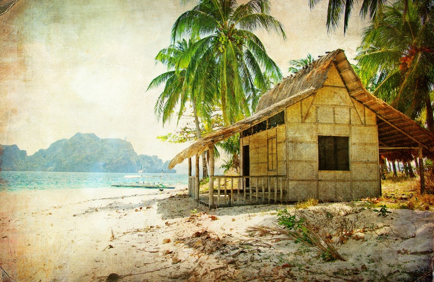 Papermoon Fototapete »PALMEN-STRAND-RETRO VINTAGE KARIBIK SÜDSEE MEER DÜNEN«, Vliestapete, hochwertiger Digitaldruck, inklusive Kleister