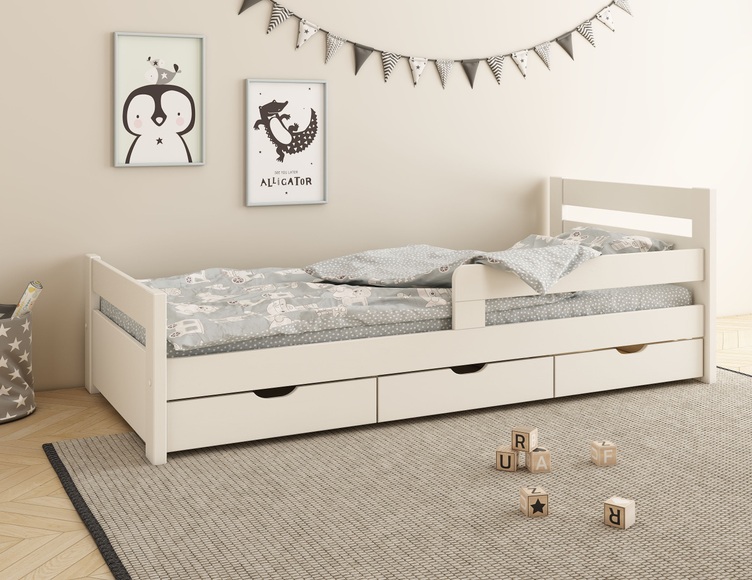 Lüttenhütt Kinderbett »Timmo«, Einzelbett bodentief, aus massiver Kiefer, Schubkästen