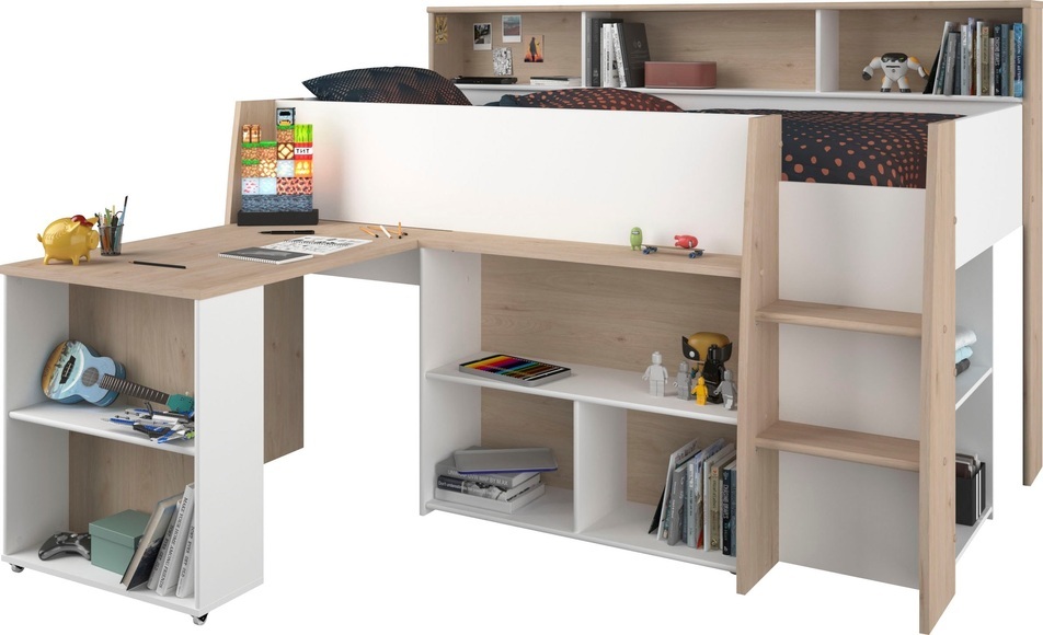 Kombibett - 90 x 200 cm - mit Schreibtisch & Stauraum - Weiß & Holzfarben - APOLINO Kombibett - 90 x 200 cm - mit Schreibtisch & Stauraum - Weiß & Holzfarben - APOLINO