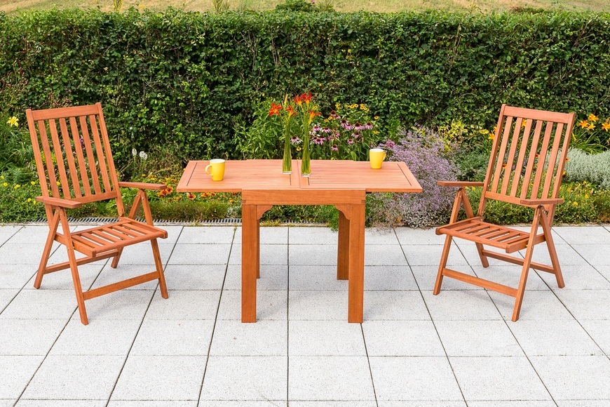 MERXX Gartenmöbelset »Vitoria«, 3tlg., 2 Sessel, Tisch, klappbar, ausziehbar, Eukalyptus