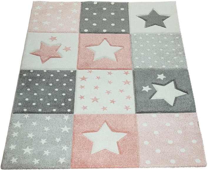 Paco Home Kinderteppich »Cosmo 345«, rechteckig, 12 mm Höhe, 3D-Design, Patchwork Muster, Motiv Punkte & Sterne, Pastell-Farben, Kinderzimmer