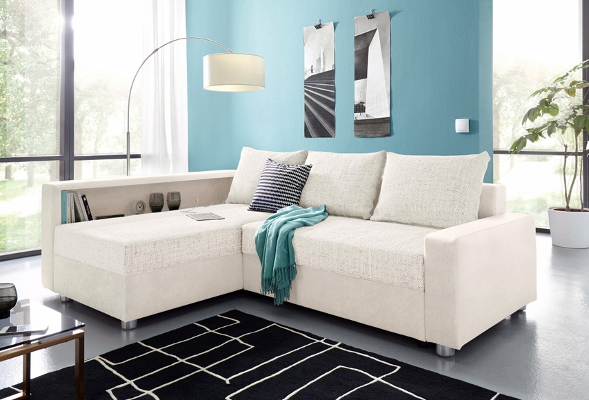 COLLECTION AB Ecksofa, inklusive Bettfunktion, Bettkasten und Federkern, wahlweise mit RGB-LED-Beleuchtung und USB-Port, Inklusive seitlichem Regalboden, Ottomane links oder rechts montierbar