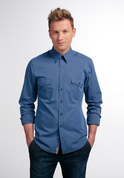 ETERNA LANGARM HEMD SLIM FIT UPCYCLING SHIRT FAKE DENIM JEANSBLAU