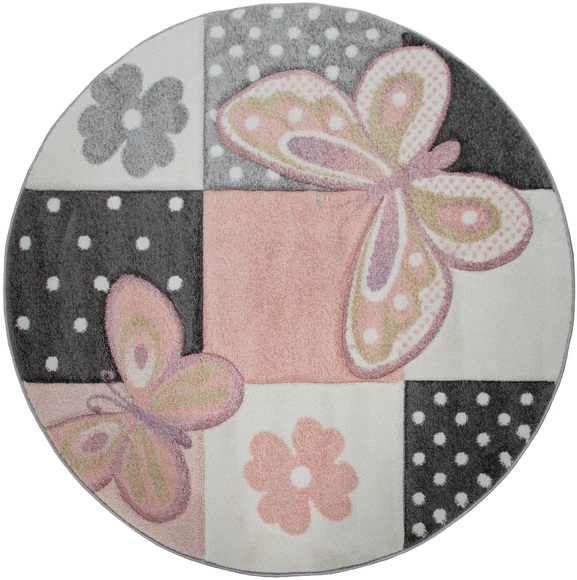 Paco Home Kinderteppich »Cosmo 220«, rund, 18 mm Höhe, 3D-Design, Patchwork Muster, niedliches Motiv Schmetterlinge & Punkte, Pastell-Farben, Kinderzimmer
