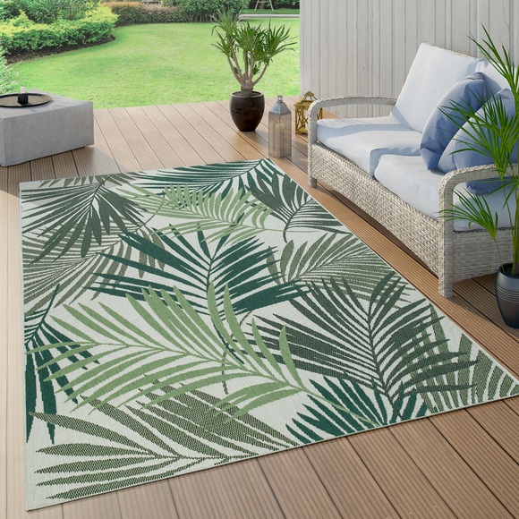 Paco Home Teppich »Ostende 547«, rechteckig, 4 mm Höhe, Flachgewebe, Motiv Palmenblätter, In- und Outdoor geeignet, Wohnzimmer