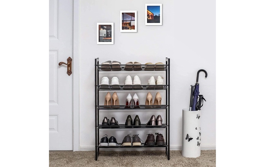 Songmics - 5-stöckiges Schuhregal, erweiterbarer Schuhständer aus Metall, verstellbare Schuhablage, für 15-20 Paar Schuhe, kurze Stiefel, Pumps, 74 x 104 x 30,7 cm, schwarz, LMR005B