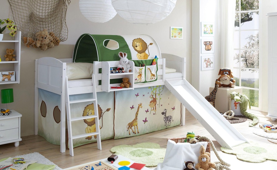 Ticaa Hochbett »Lino« mit Rutsche und Textil-Set, Kiefer massiv weiss gewachst