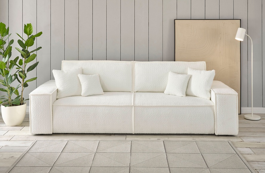 Home affaire 2-Sitzer »CHAMBORD«, Nachts: Schlafsofa (Liegefläche 200x136 cm) mit Bettkasten, tagsüber chilliges 3-Sitzer-Sofa mit 2 losen Rückenkissen und Zierkissen gratis, weicher Boucle-Stoff aus 90% recycelten Fasern!