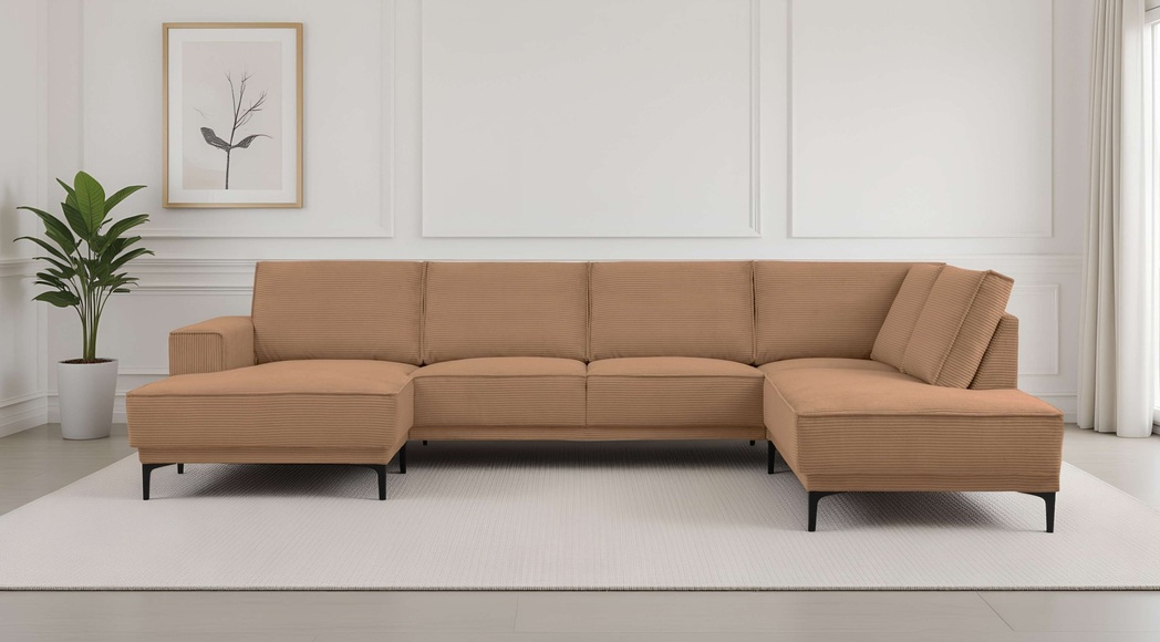 PLACES OF STYLE Wohnlandschaft »XXL Sofa Oland, Struktur, Flachgewebe, Luxus-Microfaser, Boucle« U-Form, 345 cm, Wellenunterfederung, Skandi-Design, Metallfüsse