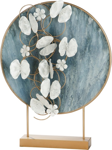 Casablanca by Gilde Dekofigur »Dekoobjekt Blossoms, blau/goldfarben«, (1 St.), Dekoobjekt, aus Metall, Höhe 65 cm, Scheibe mit Blumen, Wohnzimmer
