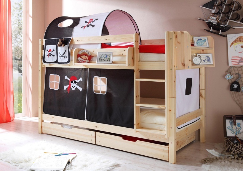 Ticaa Einzel-/Etagenbett »Marcel« mit Textil-Set, Kiefer massiv natur lackiert