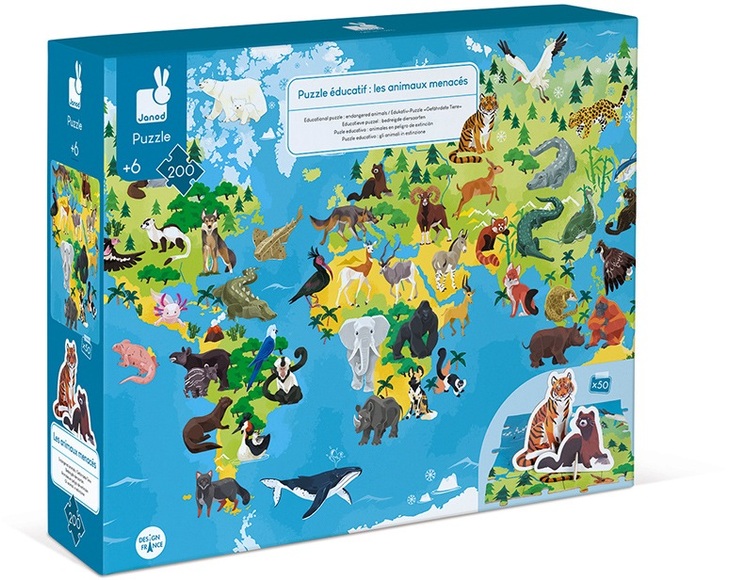 Janod® Edukativ-Puzzle -Gefärdete Tiere- 200 Teile