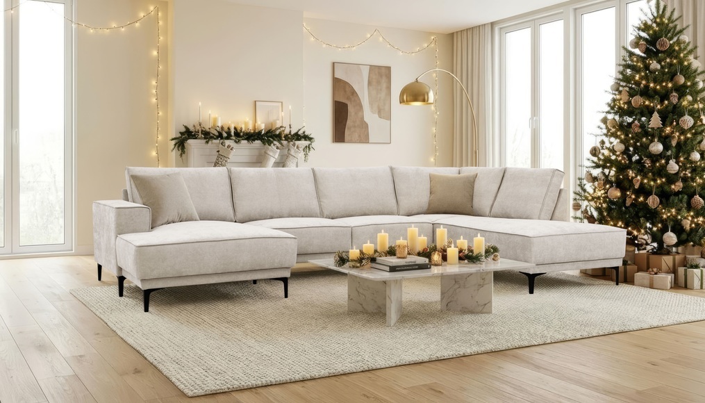 Places of Style Wohnlandschaft »XXL Sofa Oland, Struktur, Flachgewebe, Luxus-Microfaser, Boucle«, U-Form, 345 cm, Wellenunterfederung, Skandi-Design, Metallfüsse