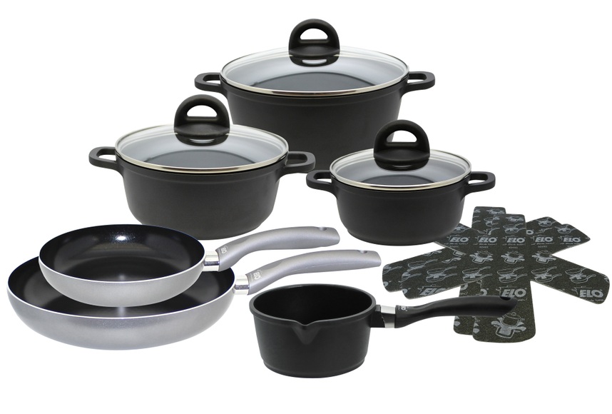 Elo Topf-Set »Black, Ducato«, Aluminiumguss, (Set, 11 tlg., 3 Töpfe mit Deckel, 1 Stielkasserolle, 2 Bratpfannen, 2 Stapelschutz), mit hochwertiger Antihaftversiegelung, Induktion