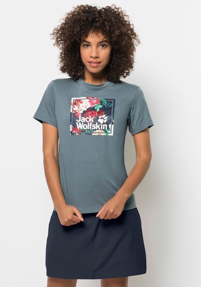 Jack Wolfskin T-Shirt aus Bio-Baumwolle Frauen Flower Logo T-Shirt Women XXL grau teal grey
