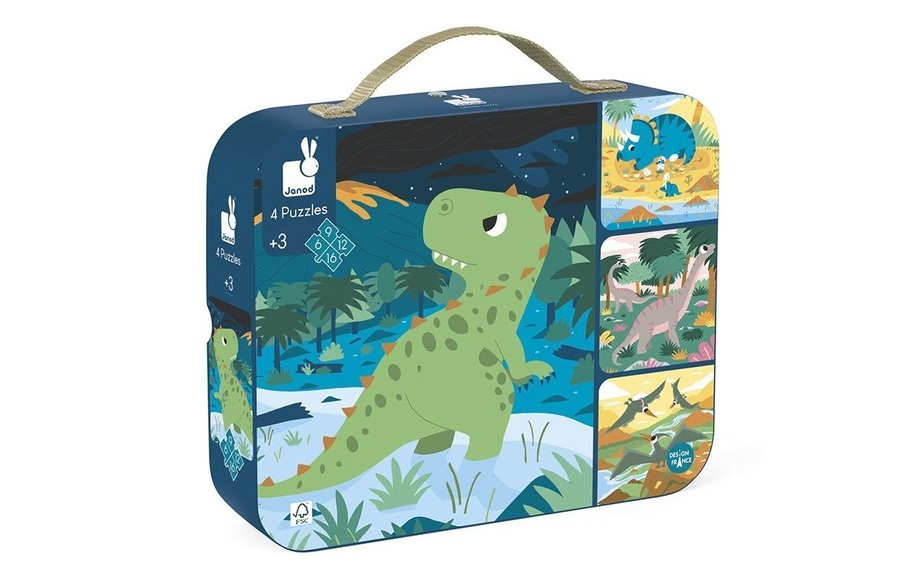 Janod - Puzzle Dinosaurier 4 Motive, 16 Teile - aus Karton