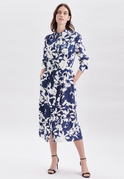 Kleid Floral Langarm Kragen Damen Blau 40