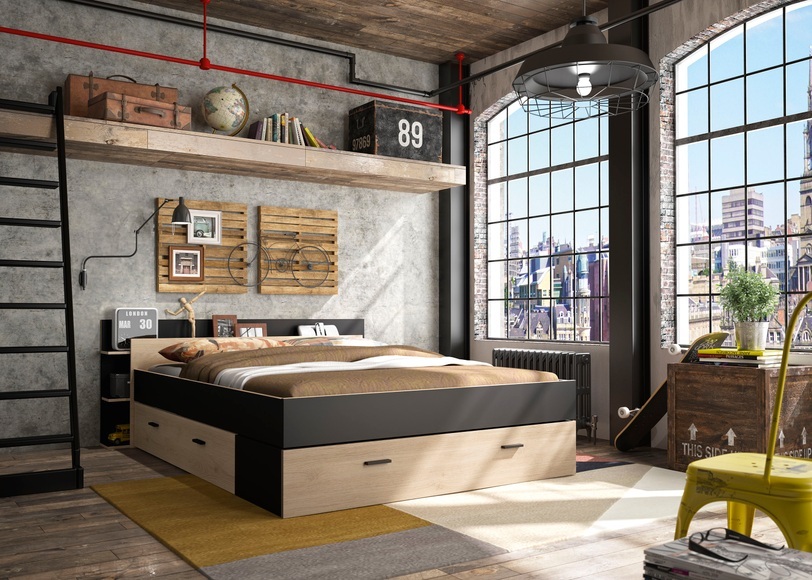 Bett SEATTLE 160x200cm Dekorpapier kastanie, schwarz