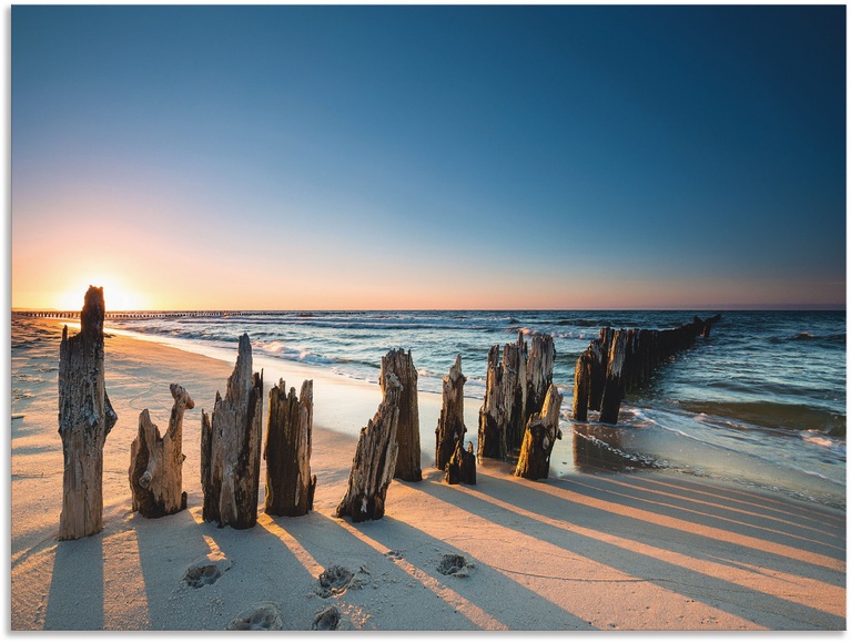 Artland Wandbild »Sonnenuntergang Strand Wellenbrecher«, Meer Bilder, (1 St.), in vielen Grössen & Produktarten - Alubild / Outdoorbild für den Aussenbereich, Leinwandbild, Poster, Wandaufkleber / Wandtattoo auch für Badezimmer geeignet