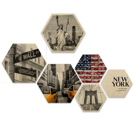 Wall-Art Mehrteilige Bilder »New York Collage Stadt Holzdeko« (Set)