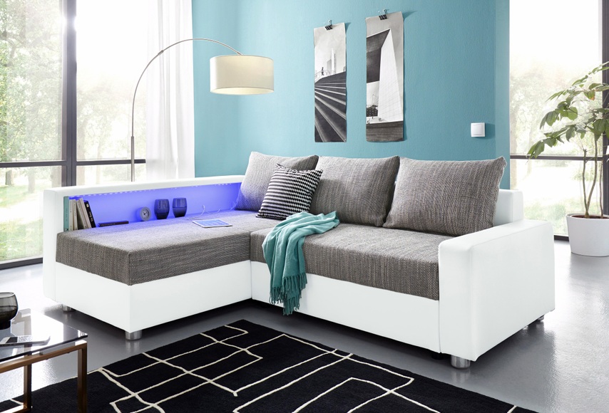 COLLECTION AB Ecksofa, inklusive Bettfunktion, Bettkasten und Federkern, wahlweise mit RGB-LED-Beleuchtung und USB-Port, Inklusive seitlichem Regalboden, Ottomane links oder rechts montierbar