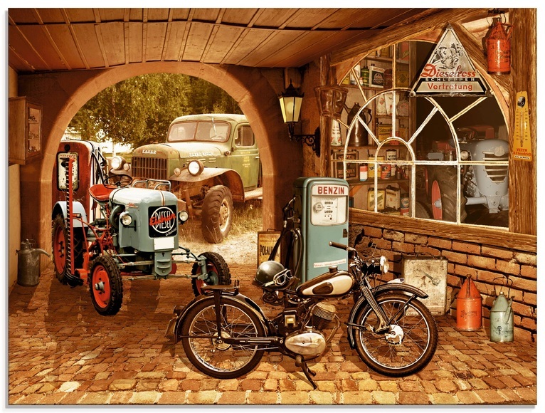 Artland Glasbild »Werkstatt mit Traktor und Motorrad«