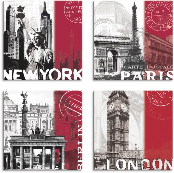 Artland Leinwandbild »New York Paris Berlin London_bordeauxrot«