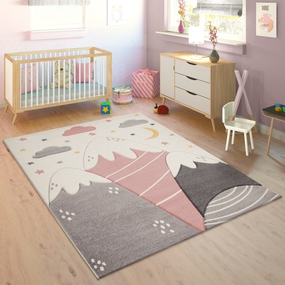 Paco Home Kinderteppich »Cosmo 707«, rechteckig, 3D-Design, niedliches Motiv Berge & Sterne, Pastell-Farben