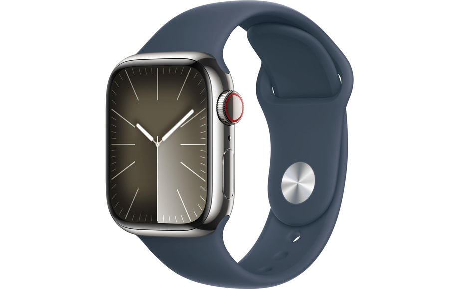 APPLE Watch Series 9 (GPS + Cellular, Edelstahl) 41 mm - Smartwatch (S/M 130-180 mm, Fluorelastomer, Silber/Sturmblau)
