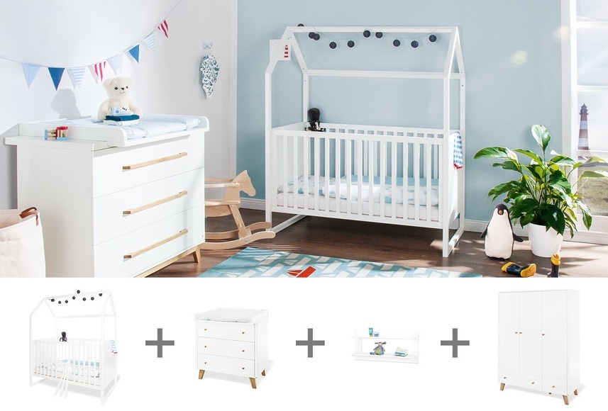 Pinolino® Babyzimmer-Komplettset »Hilda & Pan«, (Set, 4 St., Hausbett, Wickelkommode, Kleiderschrank, Wandregal), breit gross; Hausbett, Wickelkommode, 3-trg. Kleiderschrank & Wandregal