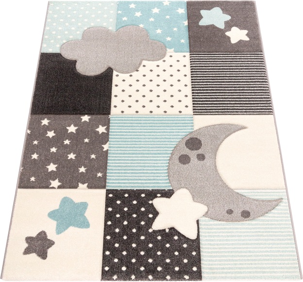 Paco Home Kinderteppich »Cosmo 755«, rechteckig, 18 mm Höhe, 3D-Design, Patchwork Muster, Motiv Sterne, Wolken & Punkte, Pastell-Farben, Kinderzimmer