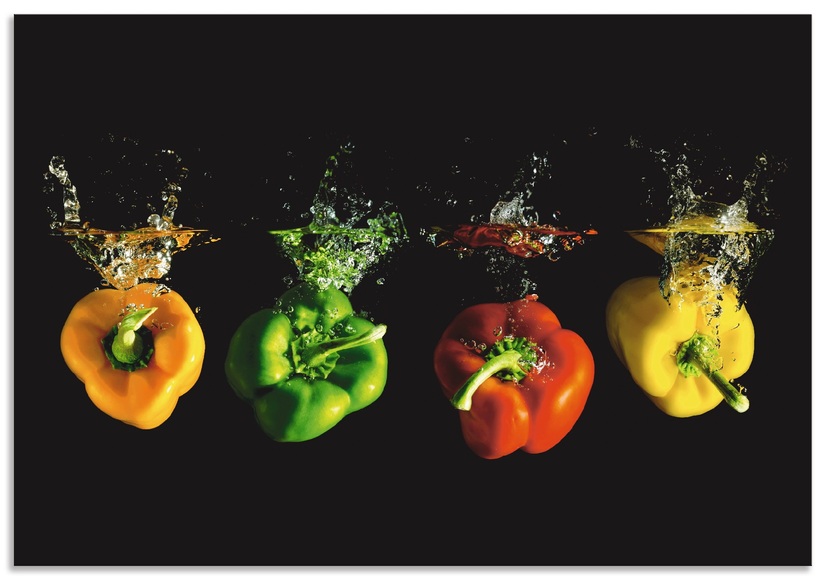 Artland Küchenrückwand »Paprika fallen ins Wasser«