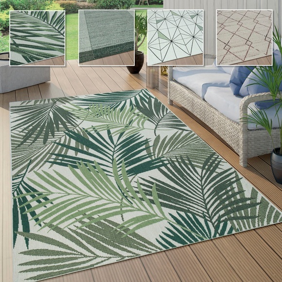Paco Home Teppich »Ostende 547«, rund, 4 mm Höhe, Flachgewebe, Motiv Palmenblätter, In- und Outdoor geeignet, Wohnzimmer