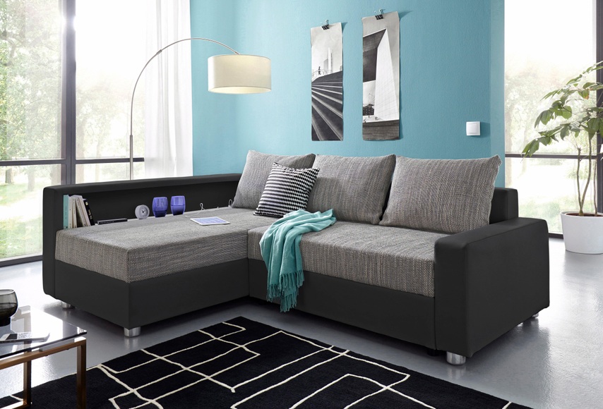 COLLECTION AB Ecksofa, inklusive Bettfunktion, Bettkasten und Federkern, wahlweise mit RGB-LED-Beleuchtung und USB-Port, Inklusive seitlichem Regalboden, Ottomane links oder rechts montierbar