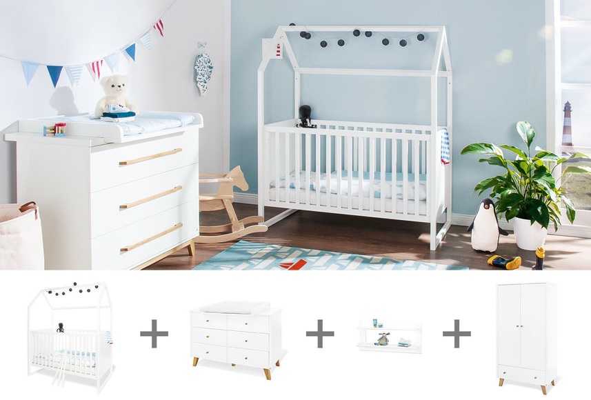 Pinolino® Babyzimmer-Komplettset »Hilda & Pan«, (Set, 4 St., Hausbett, Wickelkommode, Kleiderschrank, Wandregal), extrabreit; Hausbett, Wickelkommode, 2-trg. Kleiderschrank & Wandregal