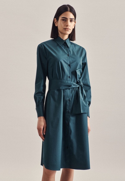 Kleid Uni Langarm Kragen Damen Grün 48