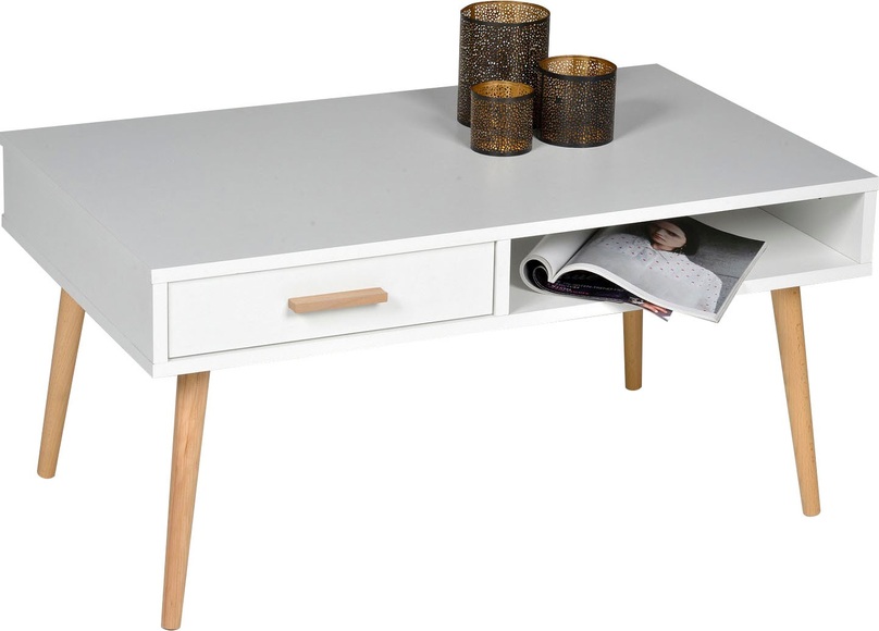 PRO Line Couchtisch, in weiss mit Schublade und Ablagefach, Gestell Massivholz Buche, rechteckig