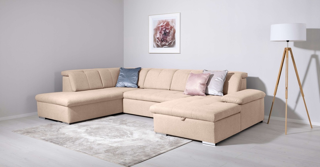 Home affaire Wohnlandschaft »KARDA B/T/H: 328/215/95 cm, Liegefläche 256/126 cm«, verstellbare Kopfstützen und Armlehne, U-form, Bettkasten, Federkern