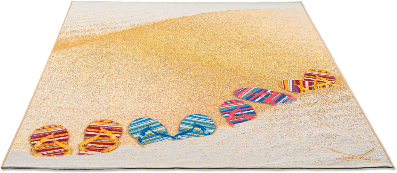 Sansibar Teppich »Rantum Beach SA-017«, rechteckig, 5 mm Höhe, Flachgewebe, modernes Design, Motiv Badelatschen, In- & Outdoor geeignet, Wohnzimmer