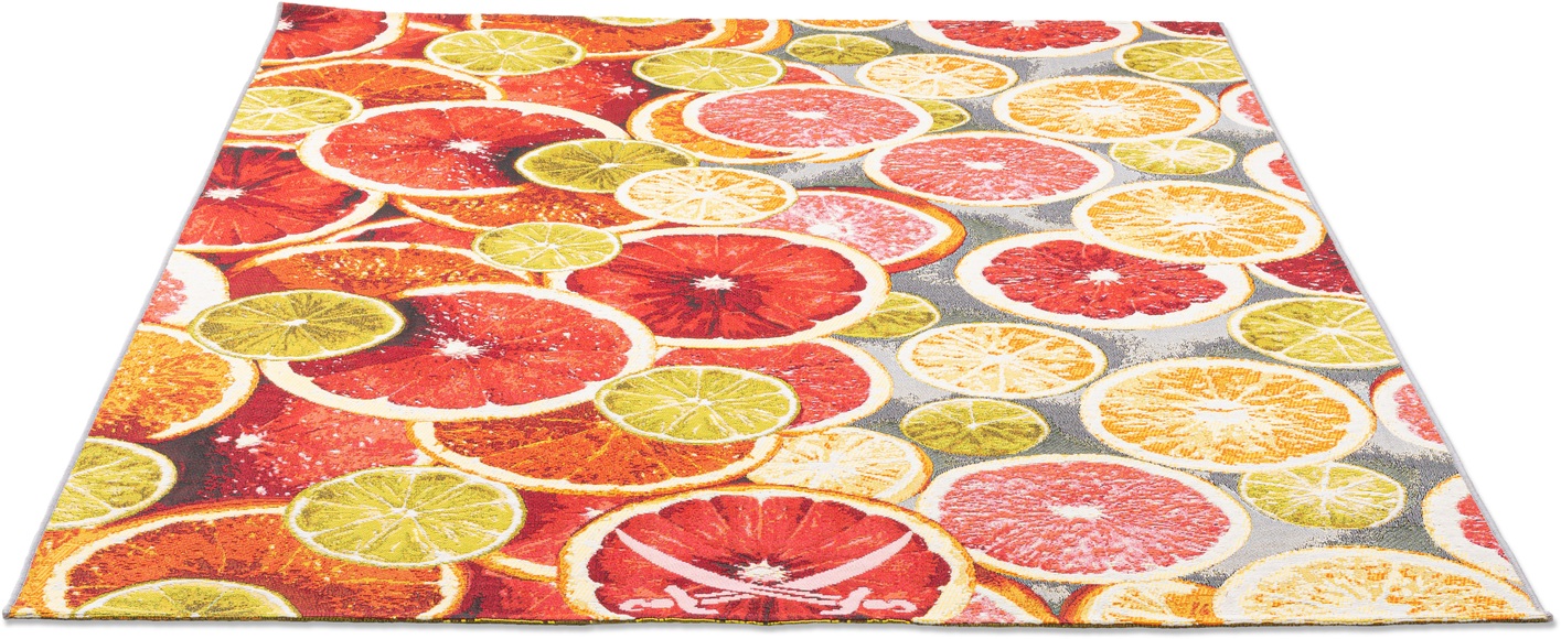Sansibar Teppich »Rantum Beach 003«, rechteckig, 5 mm Höhe, Flachgewebe, modernes Sommer Design, Motiv Zitrusscheiben & gekreuzte Säbel, In- & Outdoor geeignet, Wohnzimmer