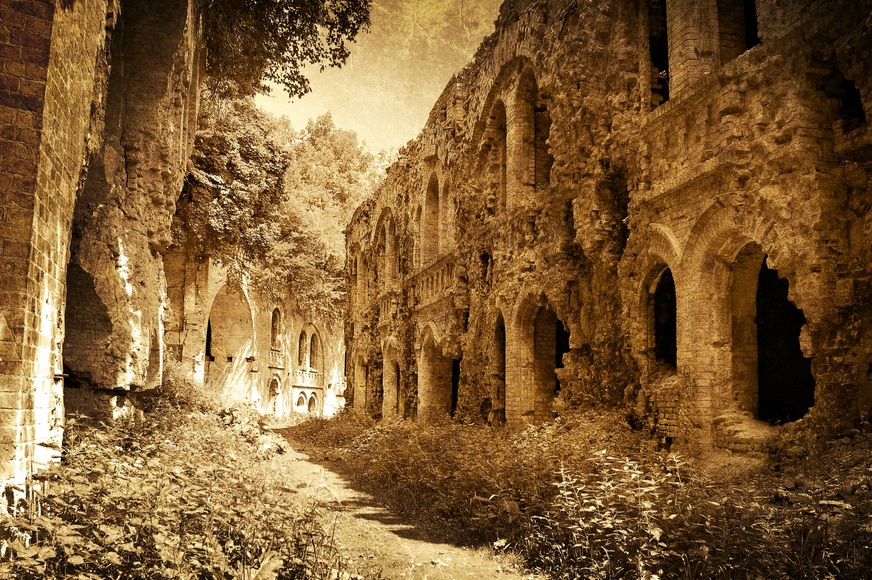 Papermoon Fototapete »RUINEN-SCHLOSS MAUER ALT VINTAGE KÜNSTLICH BURG RETRO«, Vliestapete, hochwertiger Digitaldruck, inklusive Kleister