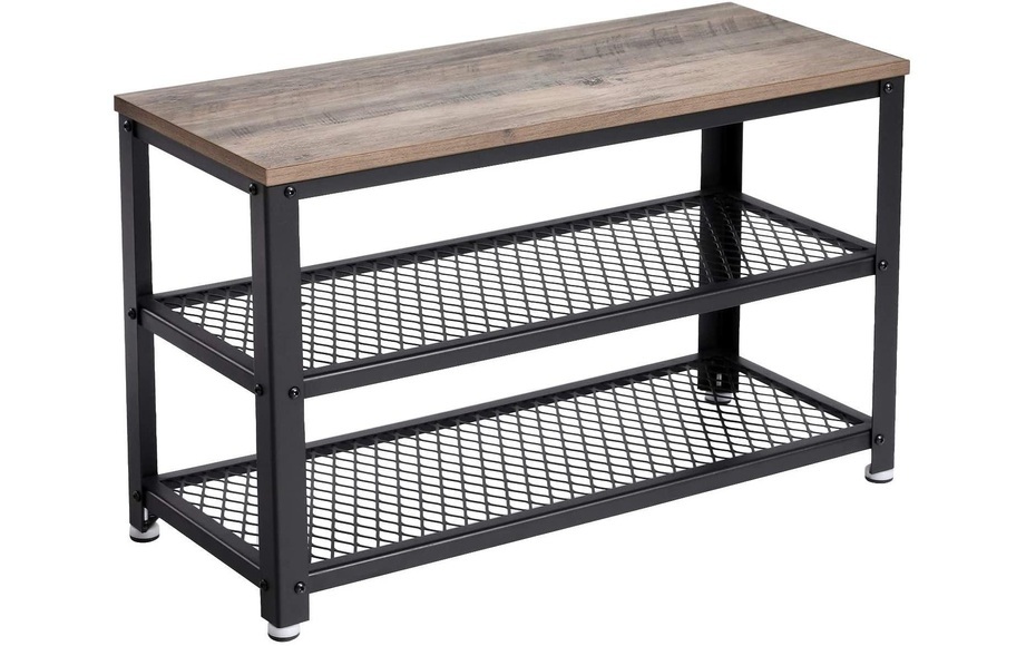 Vasagle - Schuhbank, Schuhschrank, Schuhregal zum Sitzen, Schuhablage mit 3 Ebenen, Metallrahmen, für Eingangsbereich, Diele, Wohnzimmer, Industrie-Design, Holzoptik greige-schwarz LBS73MB