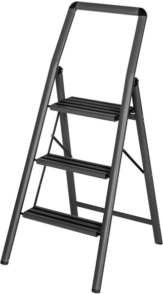Wenko - Alu-Klapptrittleiter Compact 3-stufig Dunkelgrau, leichte & rutschfeste Haushaltsleiter, Sicherheits-Stehleiter