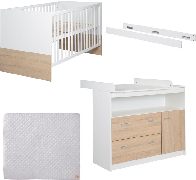 roba® Babymöbel-Set »Gabriella, Kombi-Kinderbett inkl. Umbauseiten + Wickelkommode«, (Set, 4 St.), mit Wickelauflage, roba Style grau, Weiss / Holzdekor Eiche