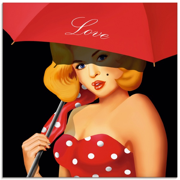 Artland Glasbild »Pin-Up Girl unter rotem Regenschirm«